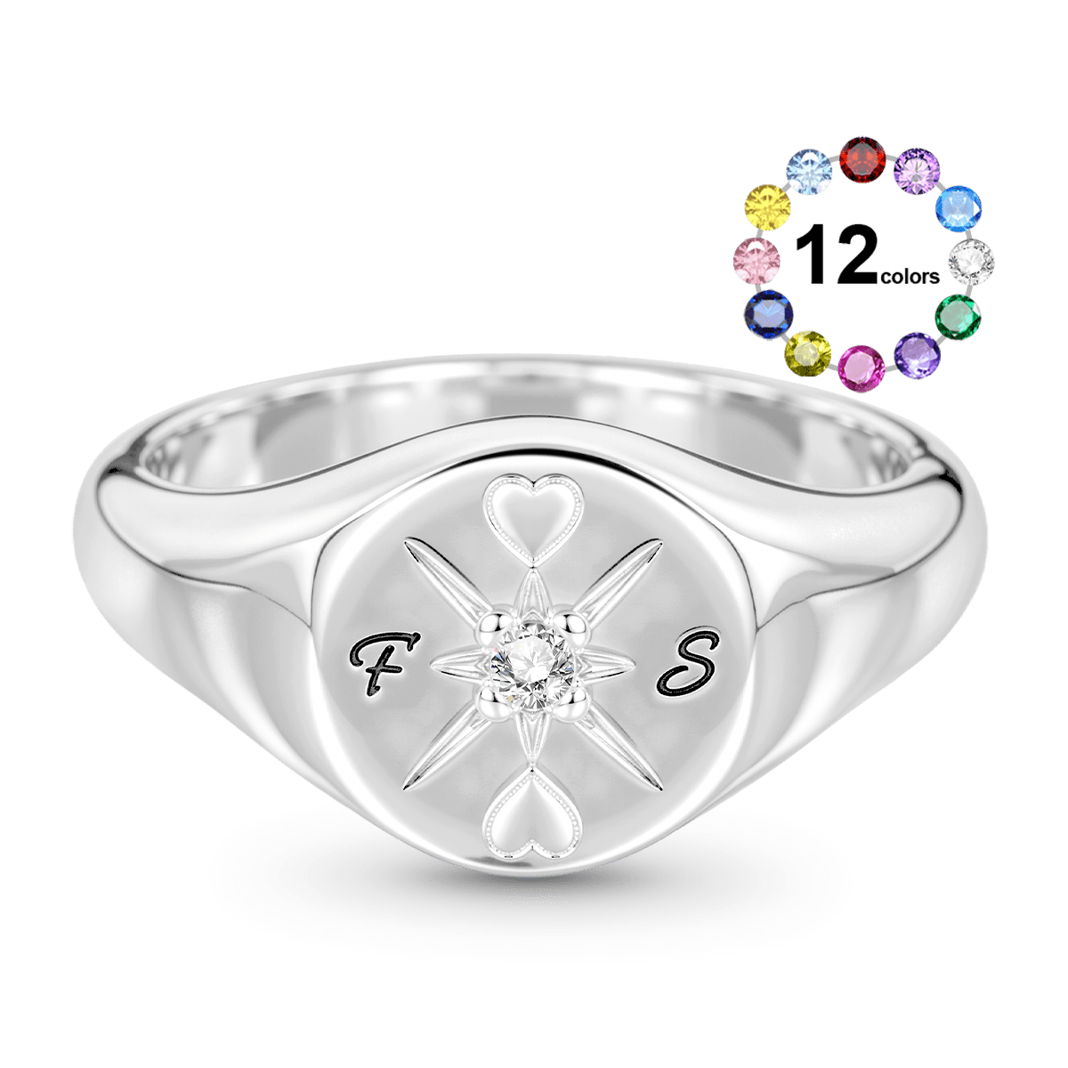 Gnoce Custom Compass Heart Birthstone Signet Ring_1