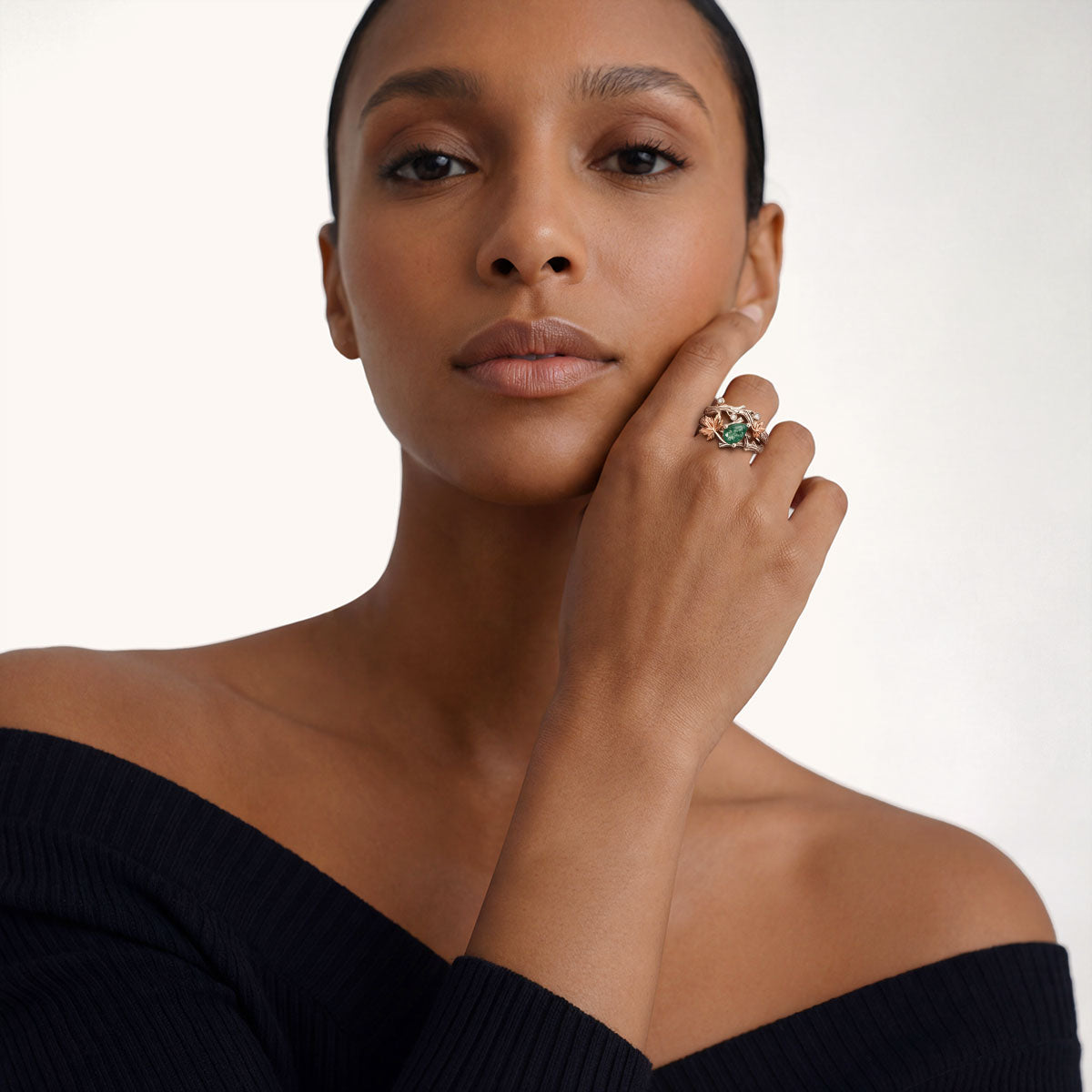 Gonce Nature-Inspired Vine & Leaf Moss Green Pear-Cut Ring Set Platinum-plated Silver Blend_3