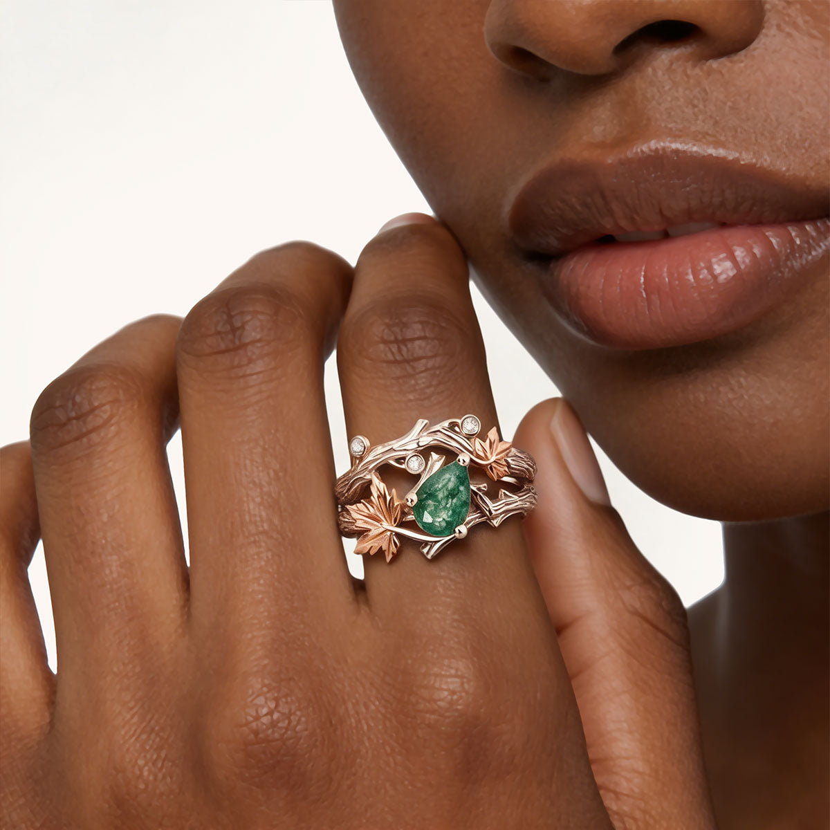 Gonce Nature-Inspired Vine & Leaf Moss Green Pear-Cut Ring Set Platinum-plated Silver Blend_2