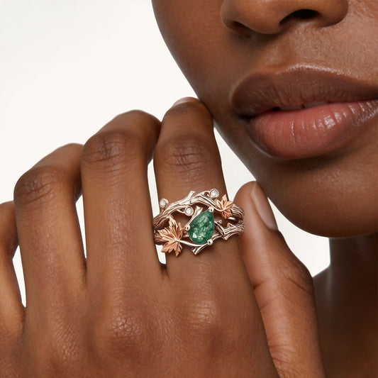 Gonce Nature-Inspired Vine & Leaf Moss Green Pear-Cut Ring Set Platinum-plated Silver Blend_2