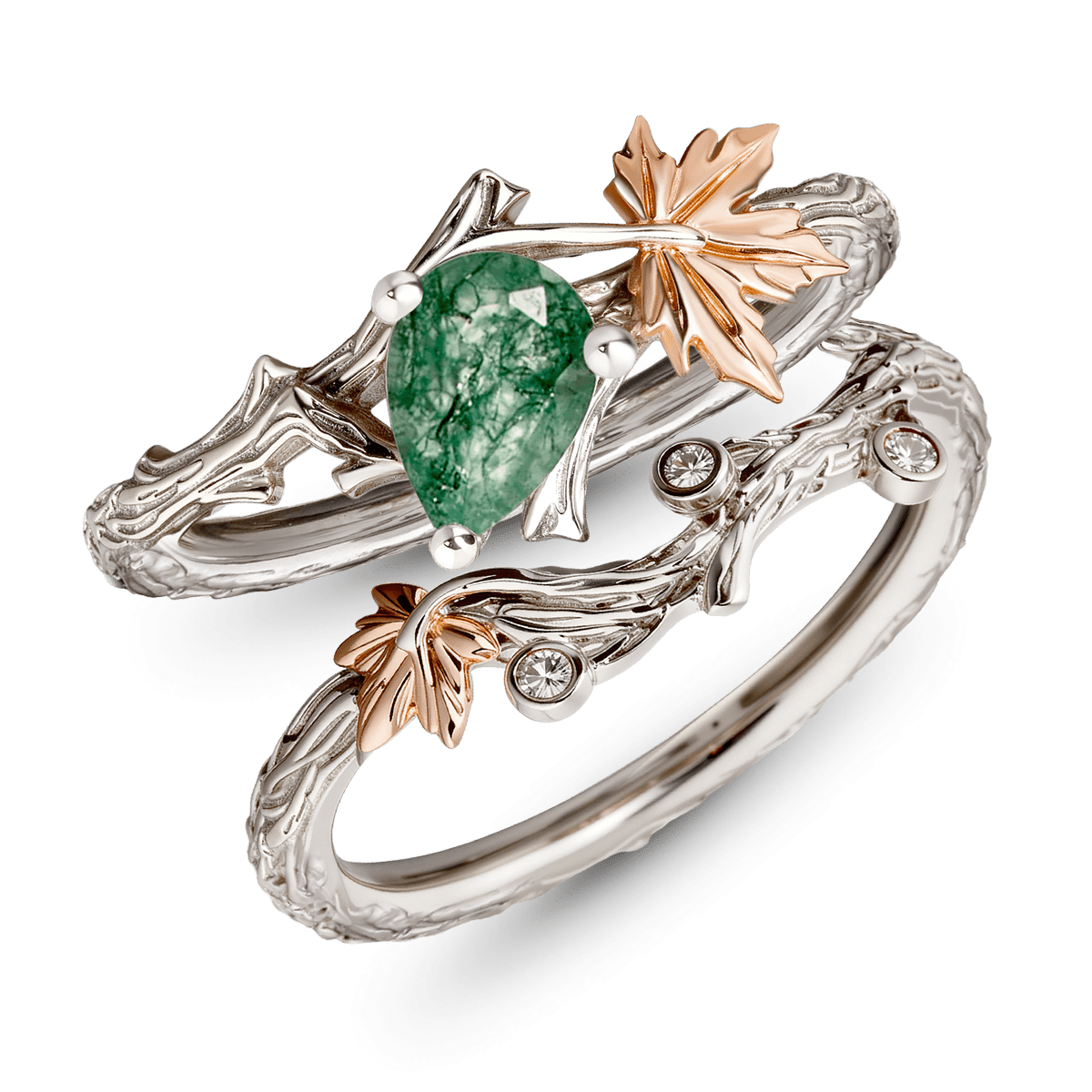 Gonce Nature-Inspired Vine & Leaf Moss Green Pear-Cut Ring Set Platinum-plated Silver Blend_4