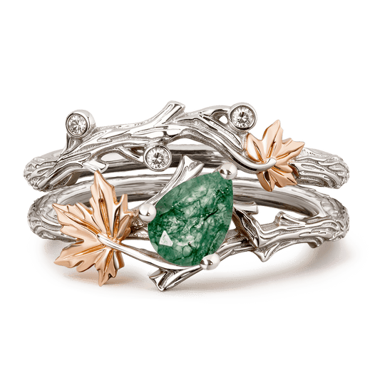 Gonce Nature-Inspired Vine & Leaf Moss Green Pear-Cut Ring Set Platinum-plated Silver Blend_1
