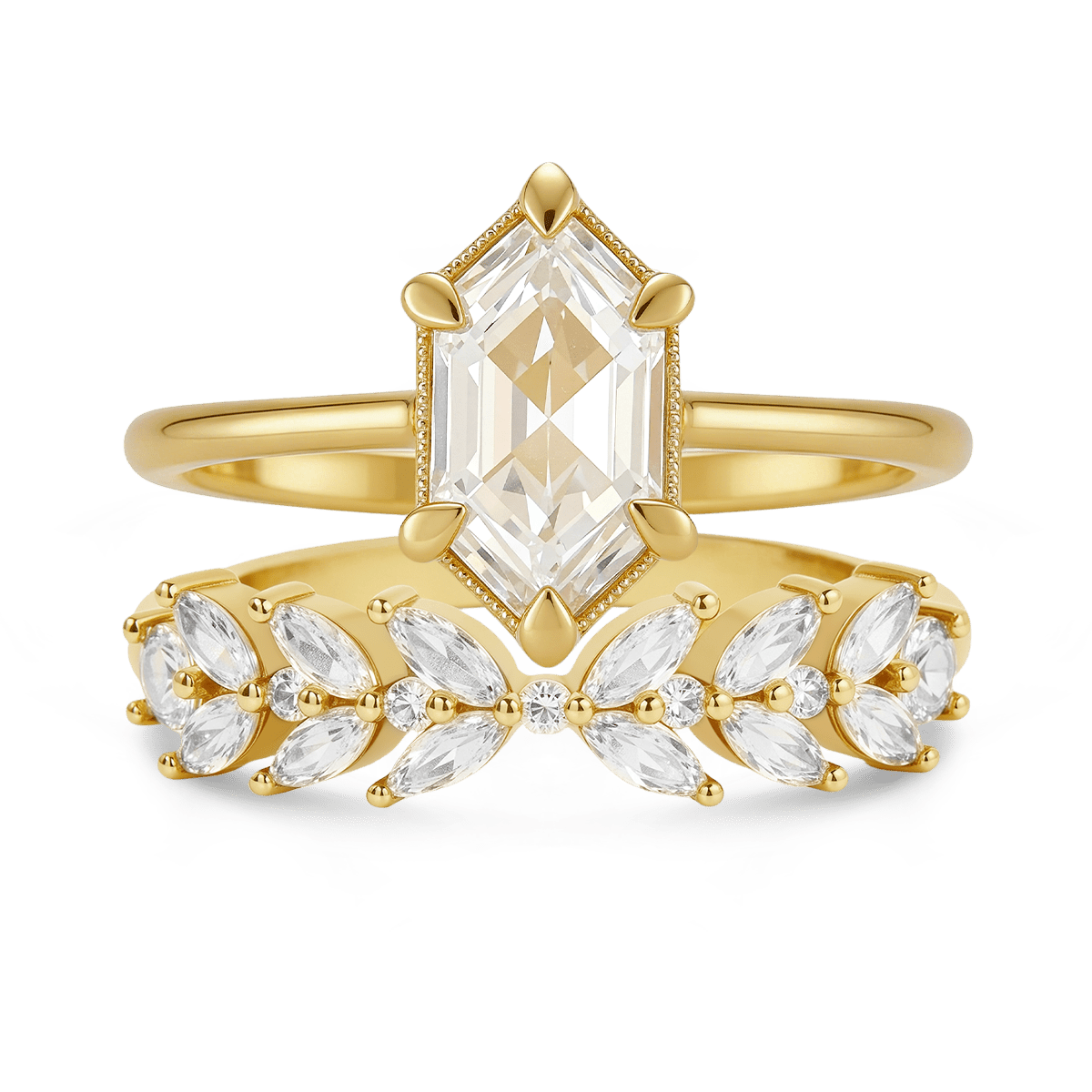 Gnoce Wheat Ears Long Hexagon-Cut Engagement Ring Set_1