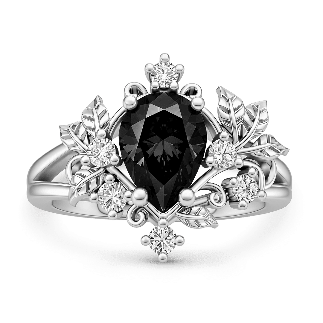 Gnoce Black Pear-Shaped Gemstone Floral Vintage Ring Platinum-plated Silver Blend_1