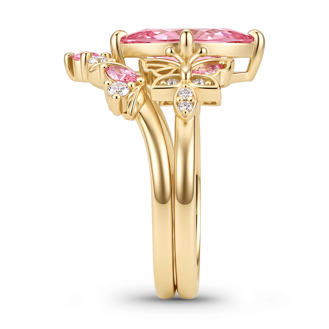 Gnoce Pink Marquise Butterfly Floral Bridal Ring Set_5