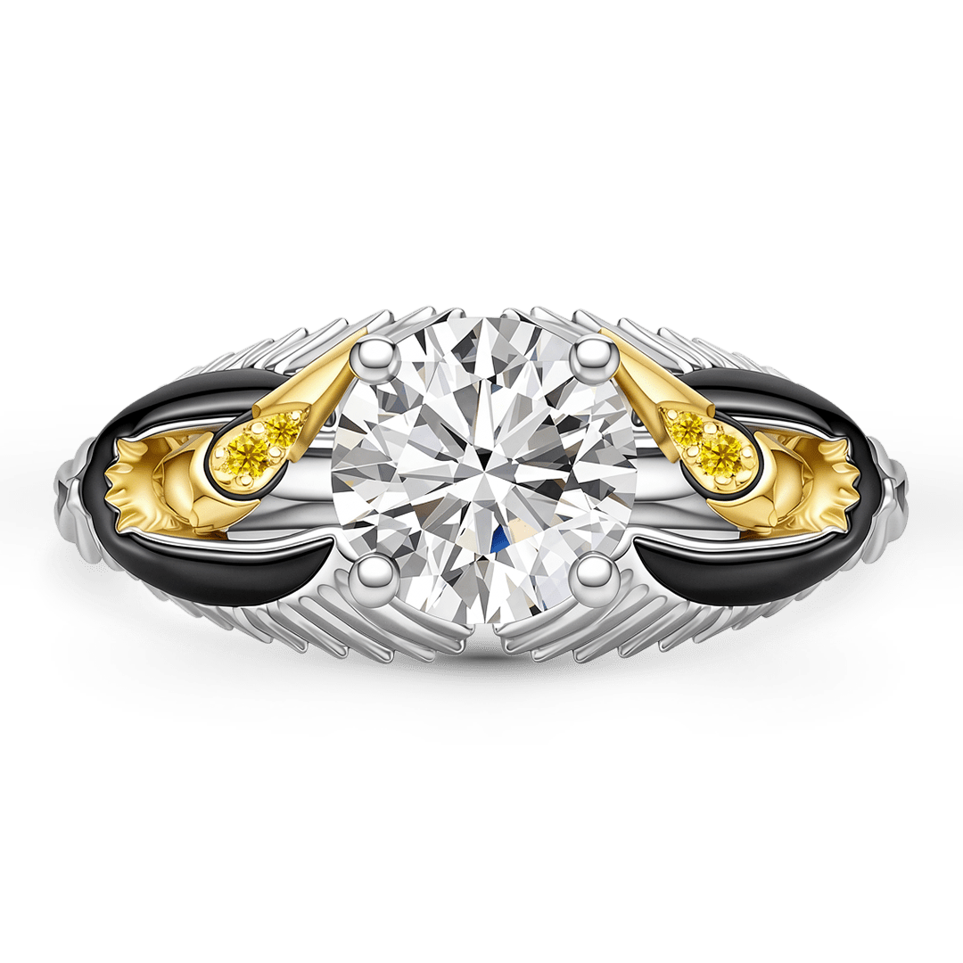 Gnoce Winged Feather Black Enamel Claw Moissanite Ring Platinum-plated Silver Blend_4