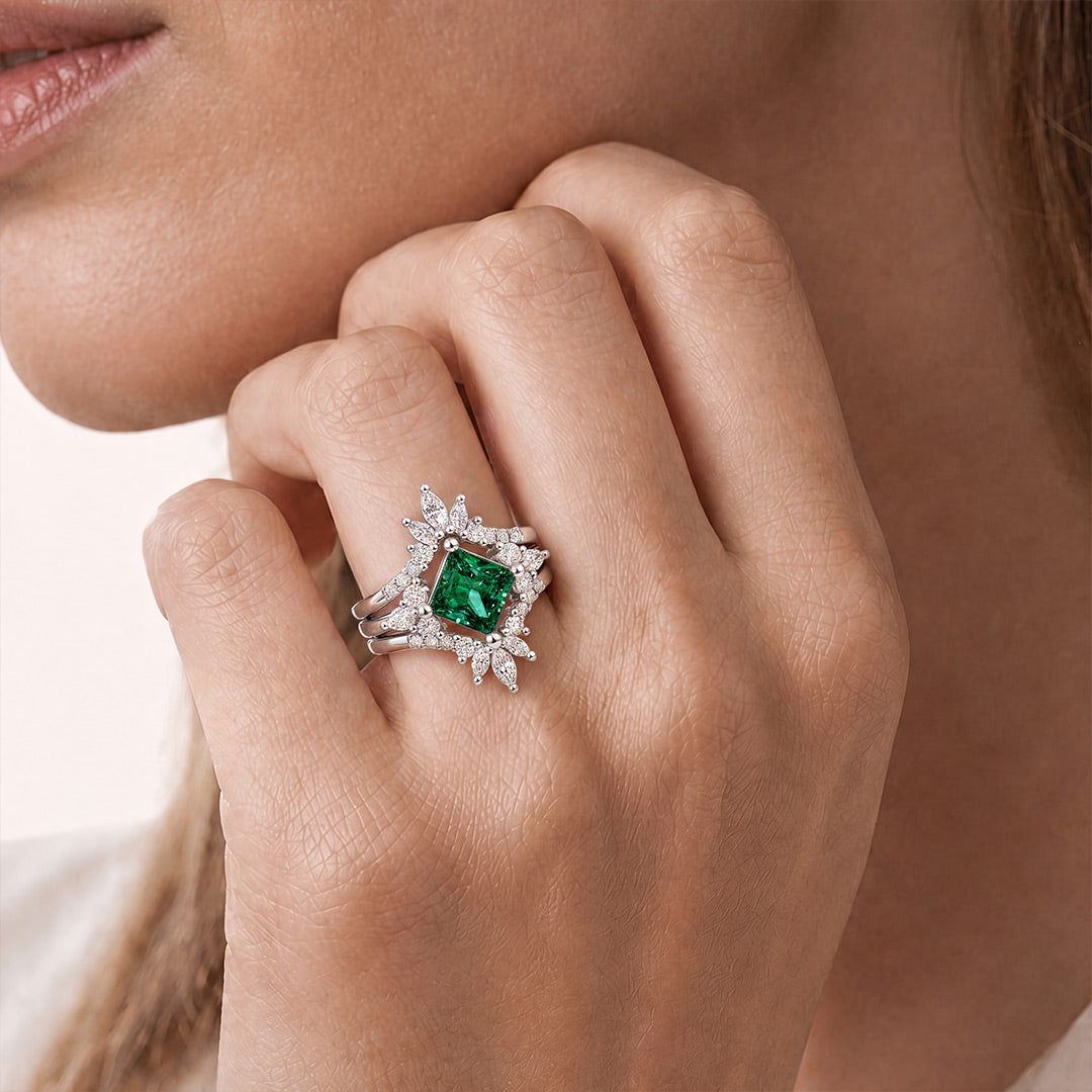 Gnoce Square Green Gemstone Tiara Ring Set Platinum-plated Silver Blend_2