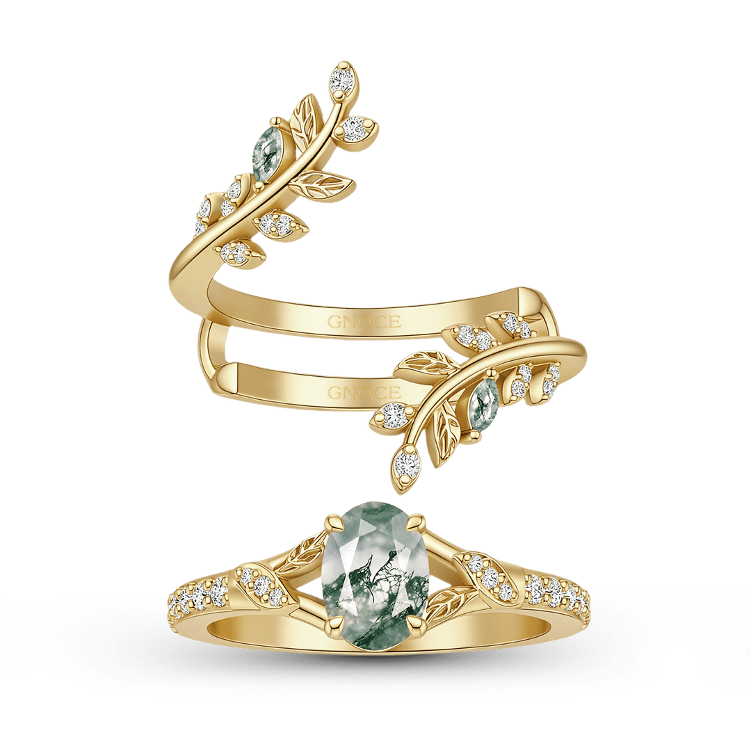 Gnoce Oval Moss Agate Leaf Vine Ring Set_5