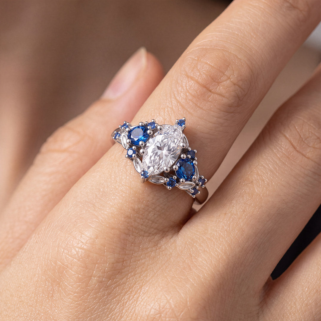 Gnoce Marquise-Cut Moissanite Blue Gemstone Ring Platinum-plated Silver Blend_2