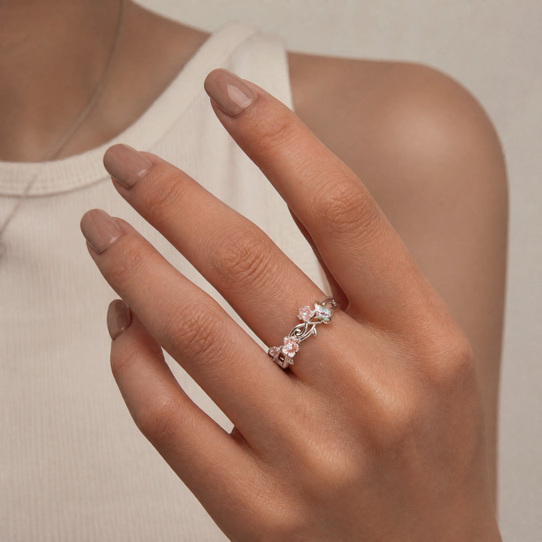 Gnoce Japanese-style Romantic Cherry Blossom Butterfly Ring 925 Sterling Silver_2