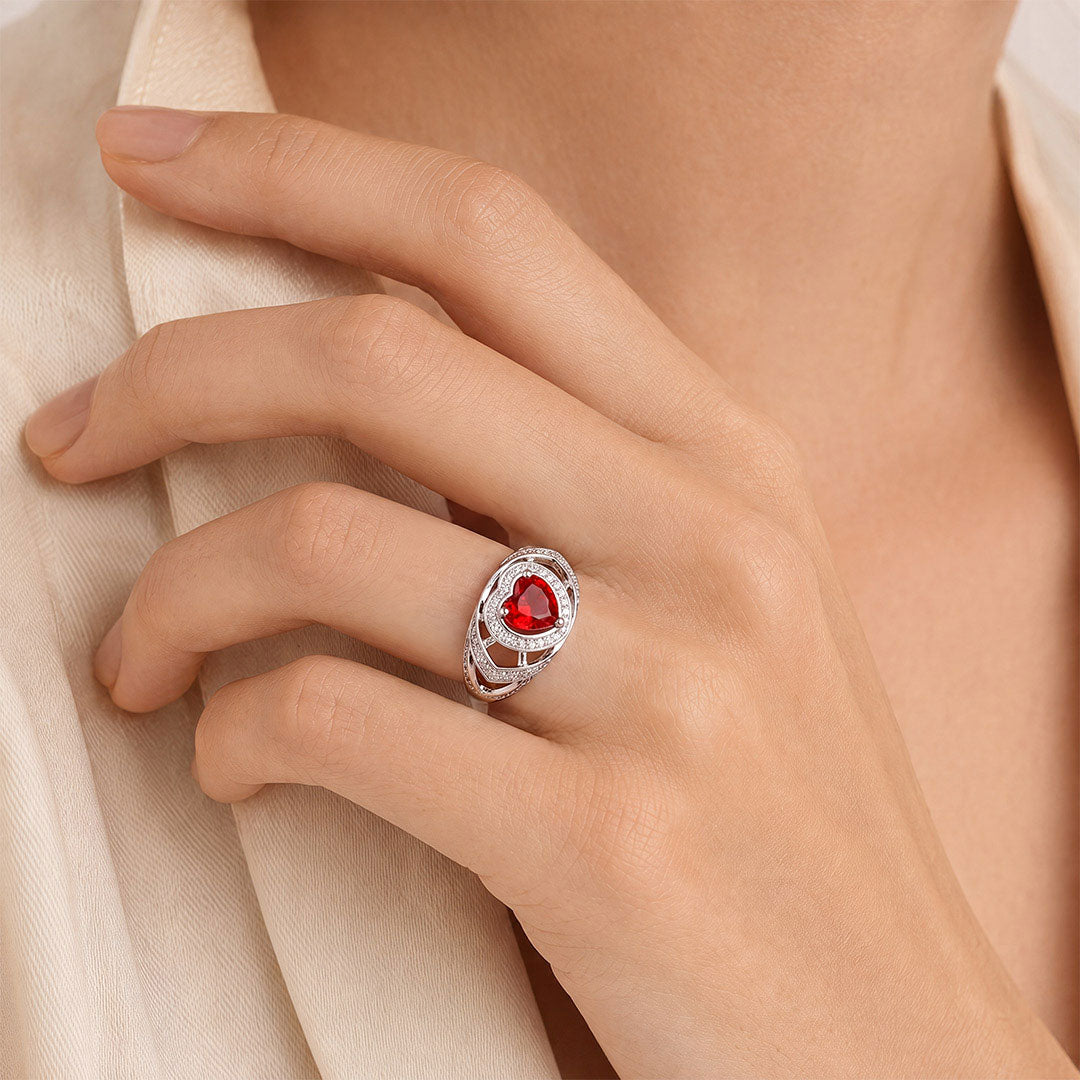 Gnoce Heart Red Gemstone Halo Wavy Ring Platinum-plated Silver Blend_2