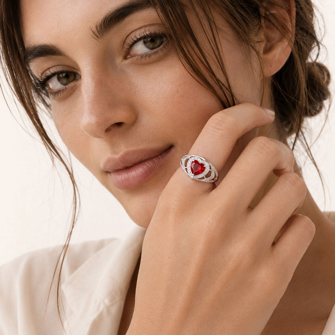 Gnoce Heart Red Gemstone Halo Wavy Ring Platinum-plated Silver Blend_3