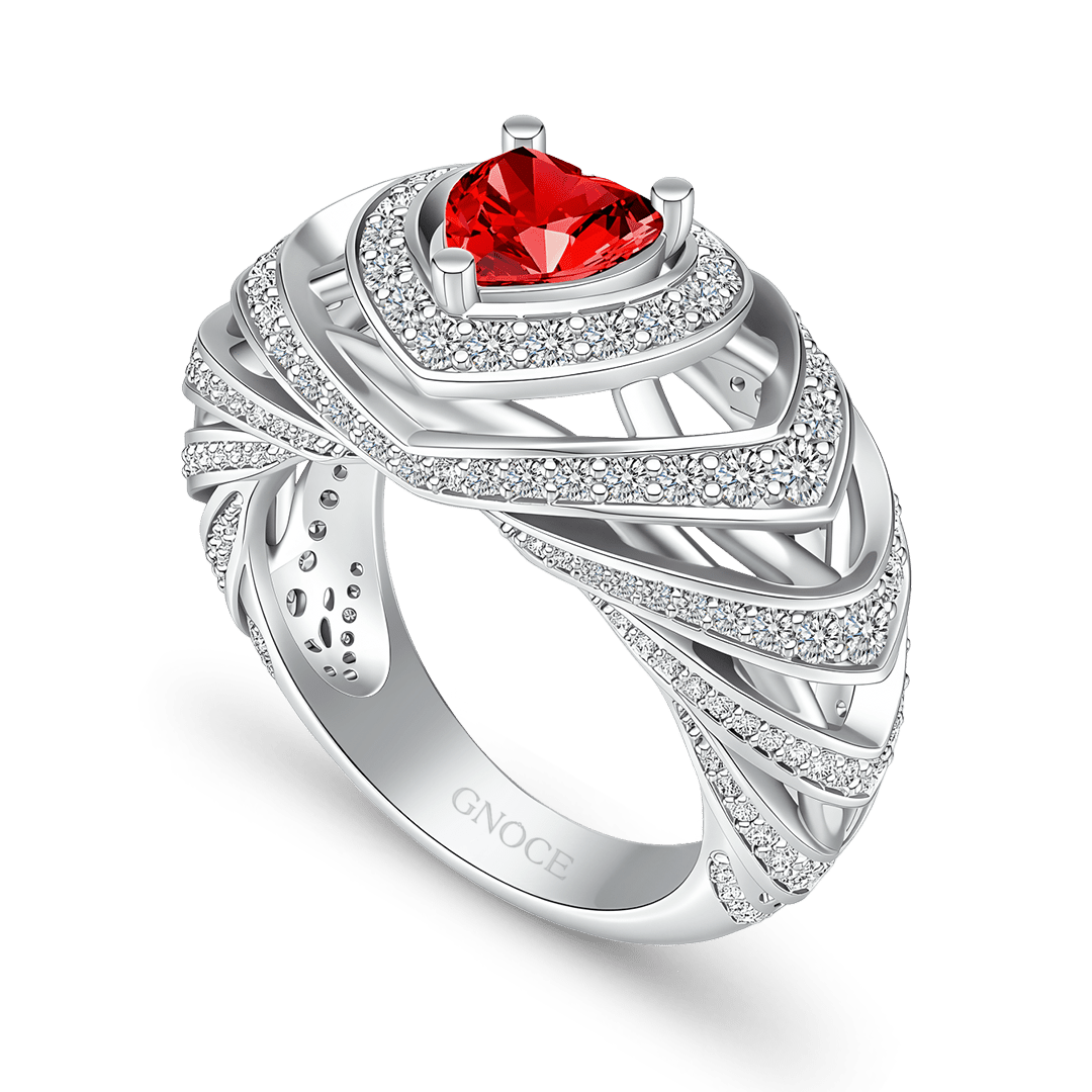 Gnoce Heart Red Gemstone Halo Wavy Ring Platinum-plated Silver Blend_4