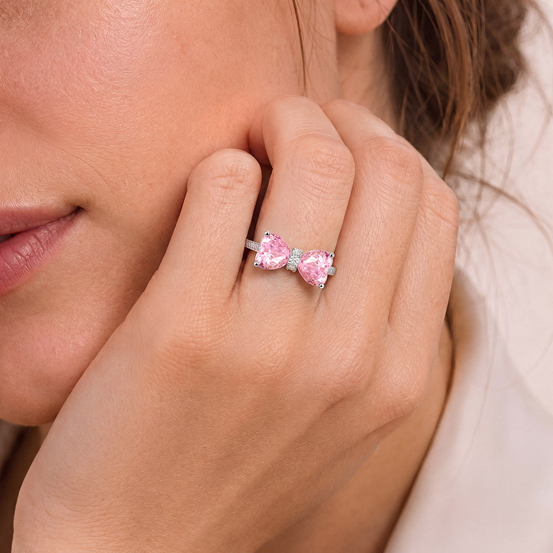 Gnoce Bow Pink Heart Gemstone Ring Platinum-plated Silver Blend_2