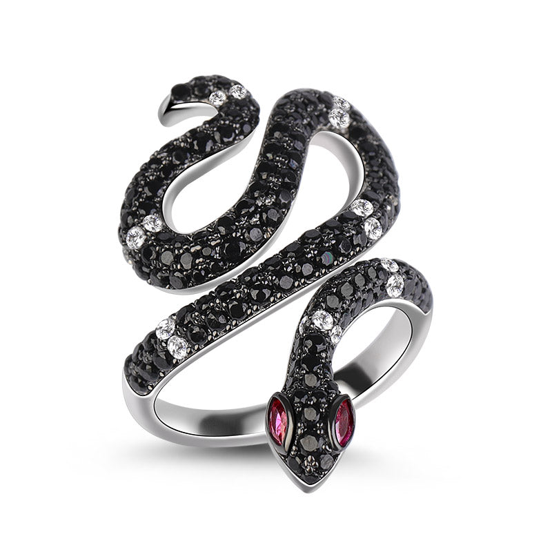 Gnoce "Life Power" Snake Ring Sterling Silver With Black Stones_2