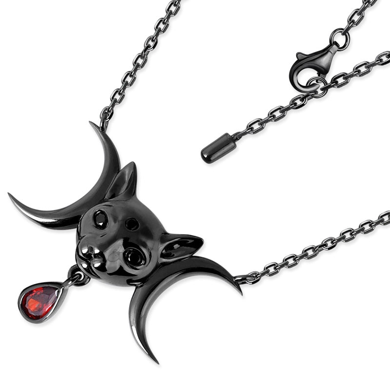 Black Sphynx Cat Necklace with Red CZ Stone Sterling Silver Cross Chain_2