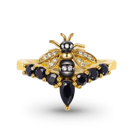 Bee V Ring Sterling Silver 18K Gold Plated inlaid with Black Stones_1