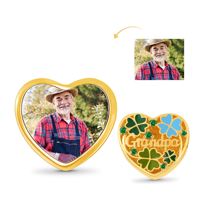 Four-leaf Clover Heart-shaped Personalized Photo Charm Bead for Grandpa Sterling Silver 18k Gold Plated_1