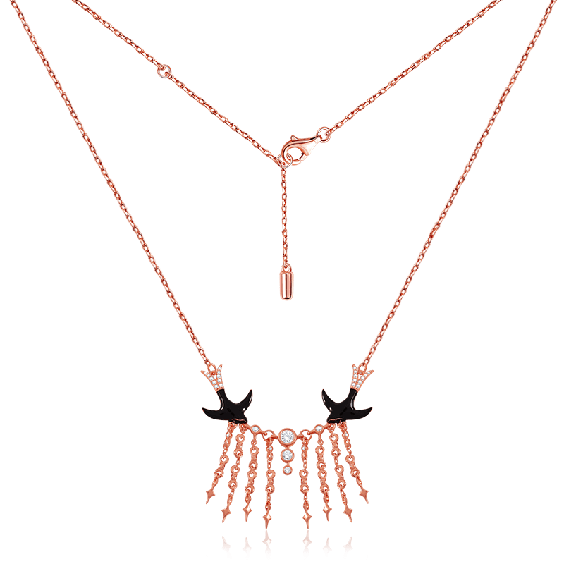 Swallows in the Starry Sky Necklace Sterling Silver 18k Rose Gold Plated Paved with Stones_2