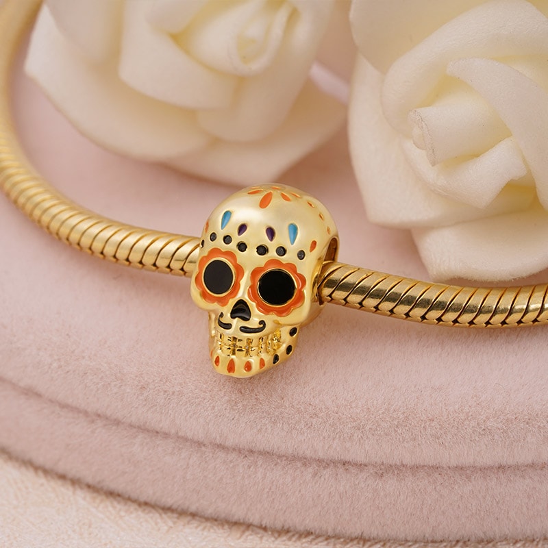 Mexican Style Skull Charm Bead Sterling Silver 18k Gold Palted_2