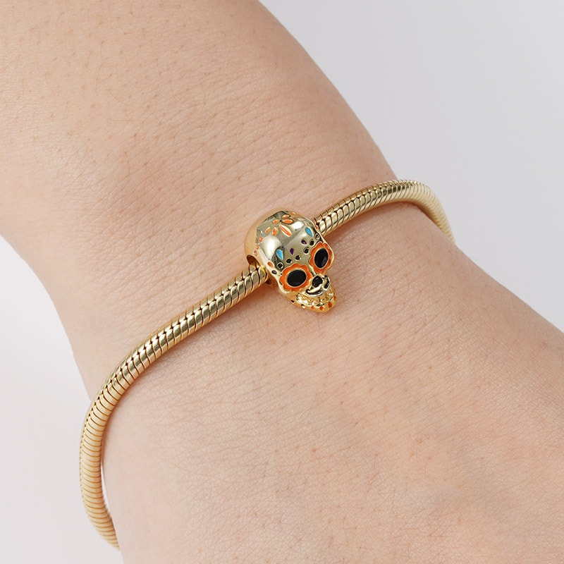 Mexican Style Skull Charm Bead Sterling Silver 18k Gold Palted_3