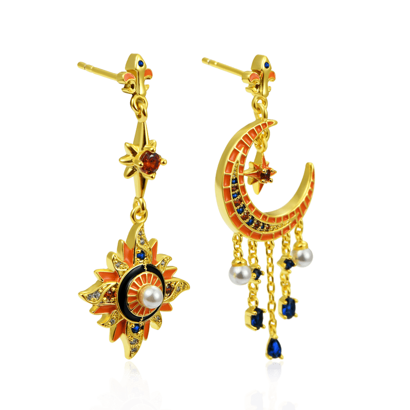 Star Moon Dangle Earrings 18k Gold Plated 925 Sterling Silver with Gemstone and Pearl_2