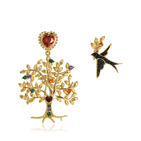 Tree of Life & swallow Ear Studs 925 Sterling Silver 18k Gold Plated inlaid with Stones Mother's Day Gift_1