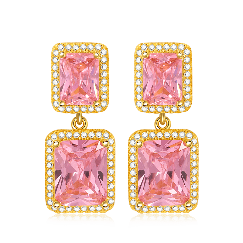 Pink Radiant Gems Dangle Earrings with Gold Plated Sterling Silver_1