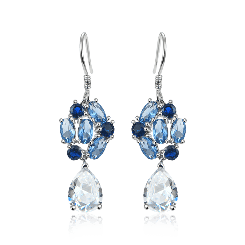 Blue Flower Diamond Drop Earrings with Sterling Silver_1